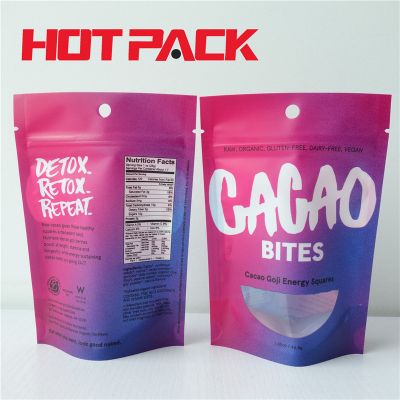 Cacao bites stand up pouches for nuts packaging with window