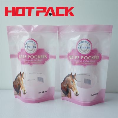 Glossy stand up pet food packaging zipper bag with oval window