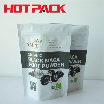 Matte white stand up black maca root powder pouches 