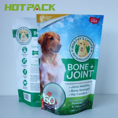 Logo printing resealable zipper stand up plastic pouch bags for packaging dog food with clear window
