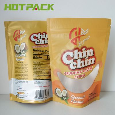 Food grade zipper top plastic stand up pouch snack food packaging bags for chips with clear window