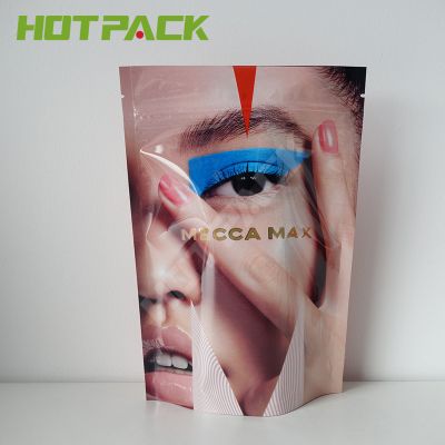 Resealable color printing holographic cosmetic zipper plastic stand up bag for makeup