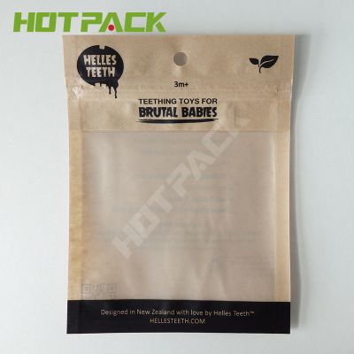 Custom frosted printing mylar brown kraft paper 3 side seal bag with window for toy 