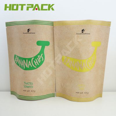 Customized Print  Banana Chips Kraft Paper Edible Food Package Bag With Zipper 