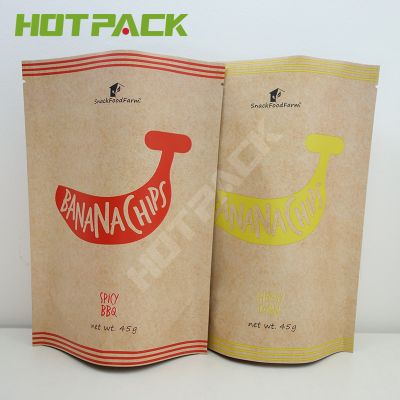 Kraft Paper Foil Mylar Cheese Banana Chips Stand Up Packaging Bags With Zipper