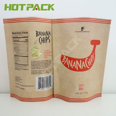 Custom Stand up Kraft Paper Resealable Foil Pouch for Banana Chips Heat Seal Packaging Bag