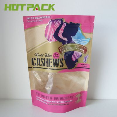 Custom Food Packaging Bag Cashews Nut Zipper Kraft Paper Stand Up Pouch With Clear Window 