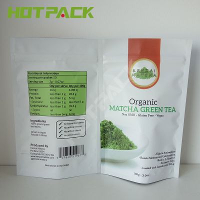 Custom size logo matte plastic bag aluminum foil material mylar tea matcha powder stand up pouch