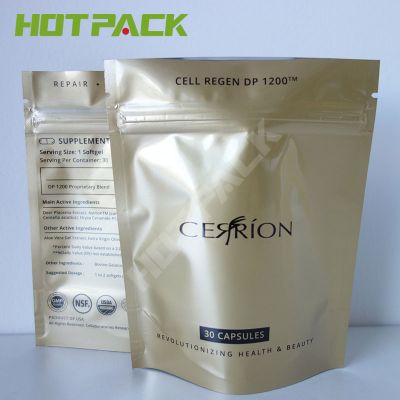 OEM mylar gold printing laminated foil glossy plastic reusable zipper stand up pouch for capsules