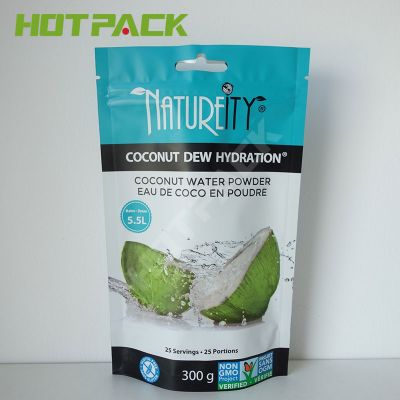 Wholesale custom plastic stand up packaging coconut water powder bags with euro hole