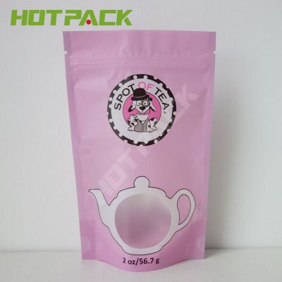 Matte finished pink transparent window mylar plastic stand up zipper bag for packaging tea