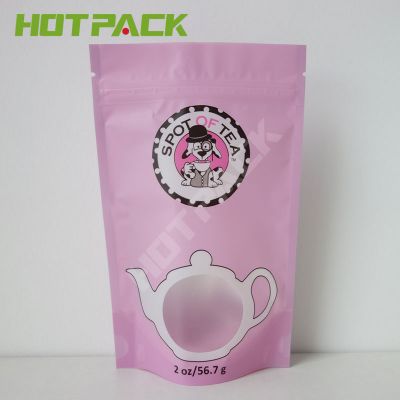 Matte finished pink transparent window mylar plastic stand up zipper bag for packaging tea