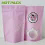 Matte finished pink transparent window mylar plastic stand up zipper bag for packaging tea
