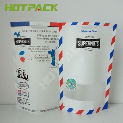 White kraft paper food grade packaging bag custom stand up pouch for nuts with clear window