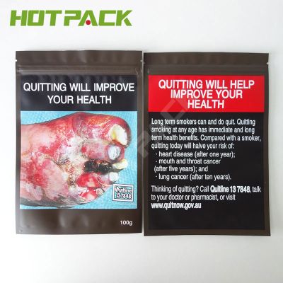 Custom 100g aluminized tobacco pouches with zip lock plastic packaging 3 side seal bag