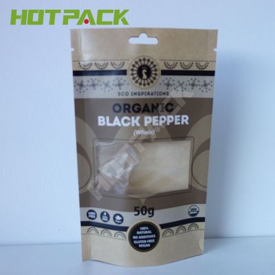 Food grade own logo bag kraft paper stand up zipper black pepper packaging pouch